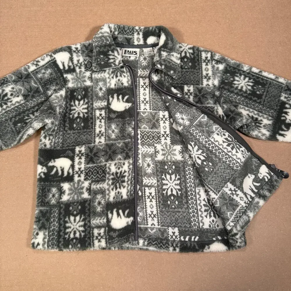 Polar Bear Snowflake Pattern Fleece Zip Jacket Winter Gray White Women’s Large